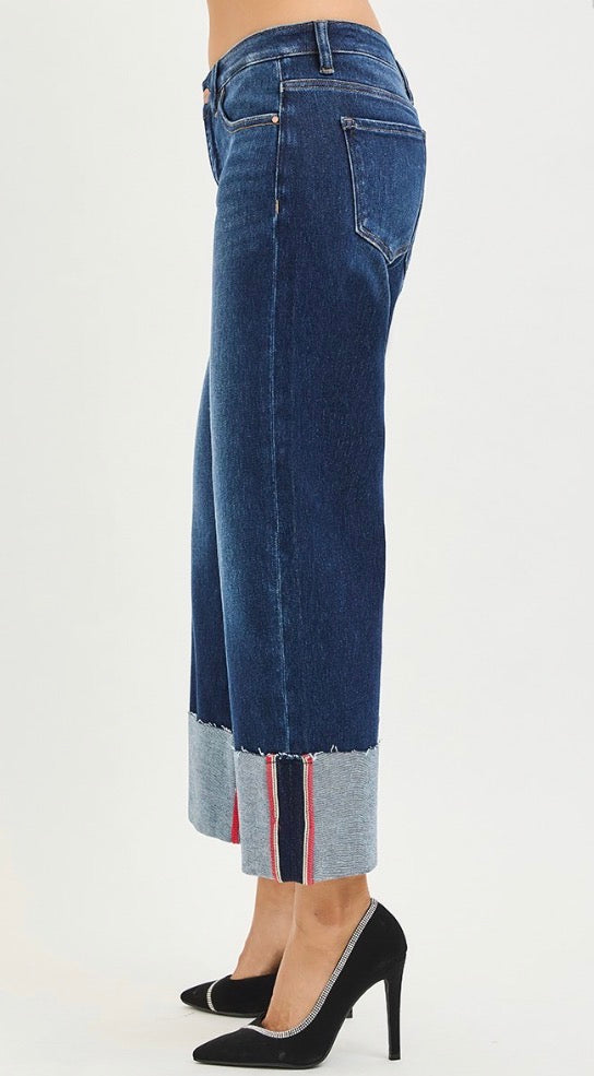 z   Risen Tummy Control Mid Rise Crop Wide Cuffed Jeans