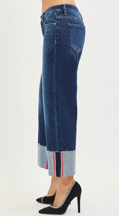 z   Risen Tummy Control Mid Rise Crop Wide Cuffed Jeans