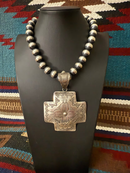 Sterling Silver Handmade Navajo Stamped Cross Pendant  By Vincent J Platero