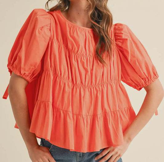 z   Tiered Shirring Puff Sleeve Top Orange