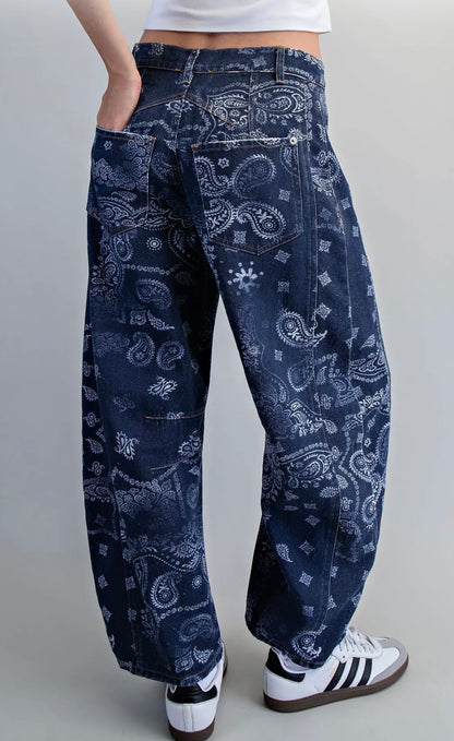 z   Mineral Washed Paisley Barrel Jeans