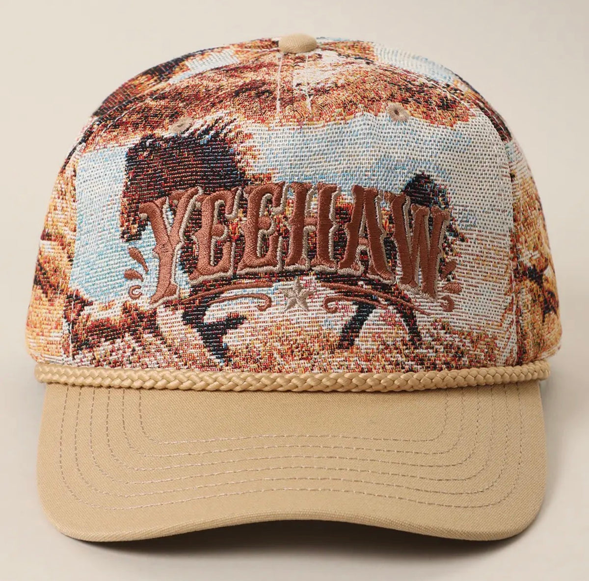 Yeehaw Embroidered Western Wild Horse Tapestry Rope Hat