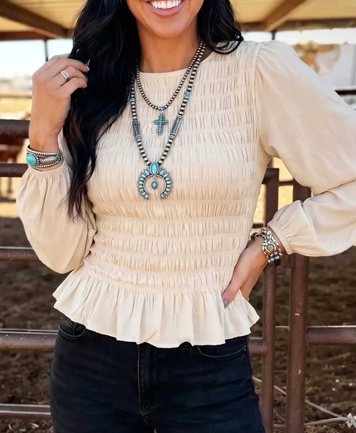 z   Cream Smocked Ruffle Hem Top