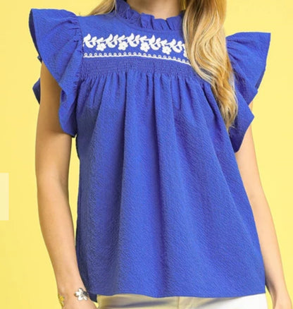z   Embroidered Flutter Sleeve Textured Top