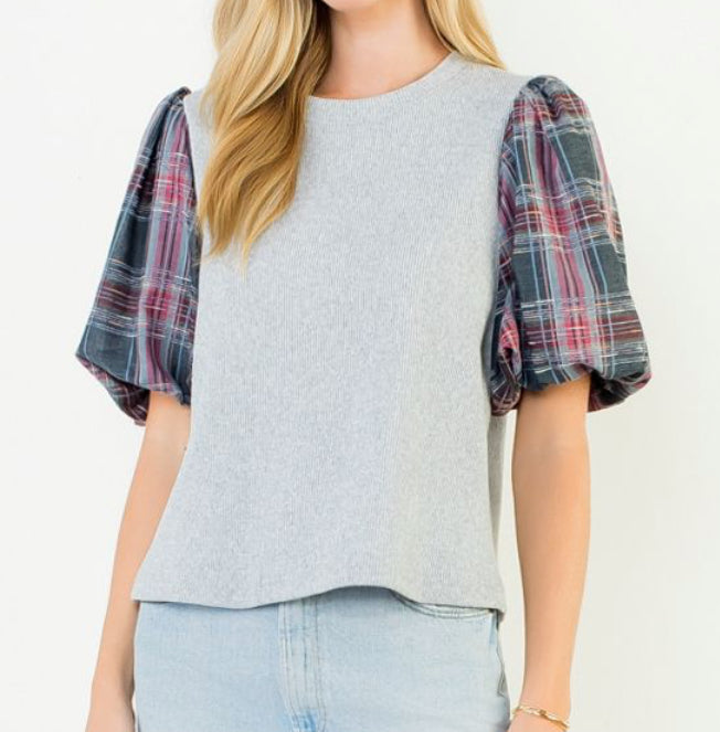 z   Plaid Puffed Sleeve Rib Knit Top