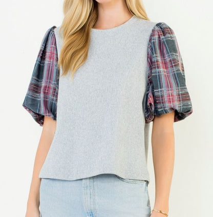 z   Plaid Puffed Sleeve Rib Knit Top