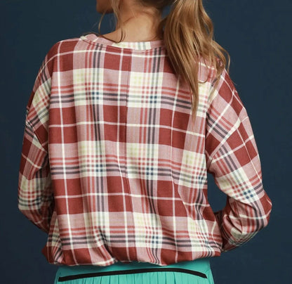 z   Plaid Pullover Top with Bubble Hem
