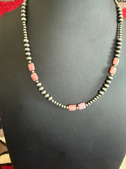 Sterling Silver Navajo Pearl Necklace with Pink Peruvian Opal Accents