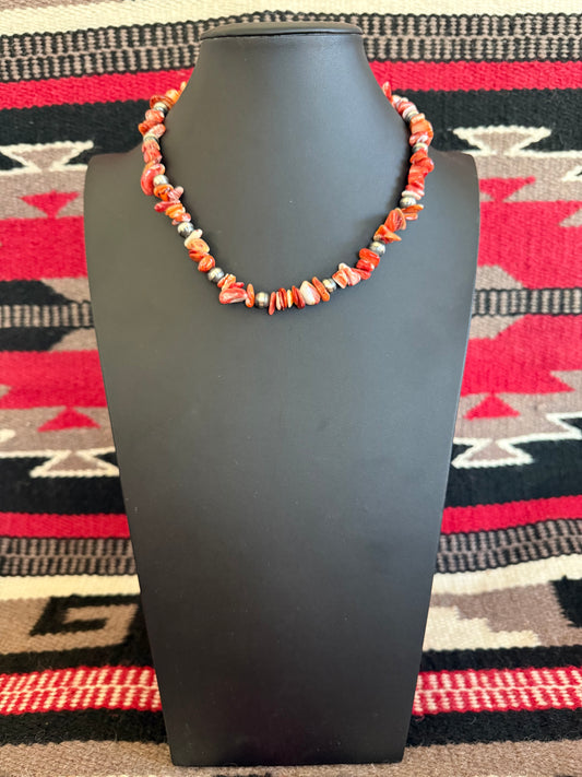 Spiny Nugget Necklace with 8mm Sterling Silver Navajo Pearls 18" Long