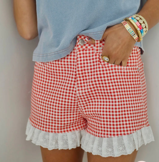 z   Red Gingham Denim Ruffle Shorts