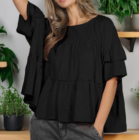 z   Ruffle Tiered Crew Neck Top Black