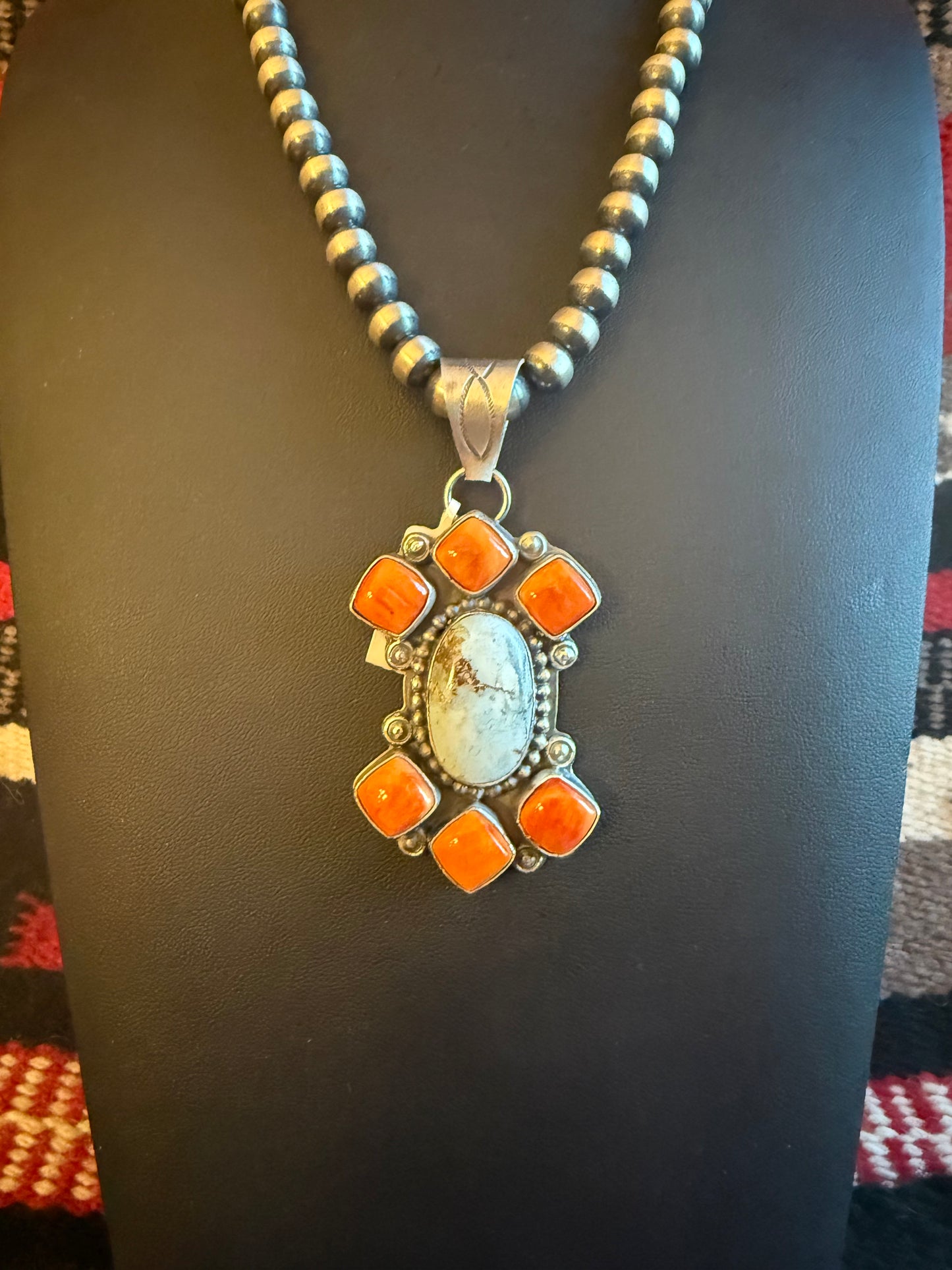 Sterling Silver Pendant with Golden Hills Turquoise and Orange Spiny Stones