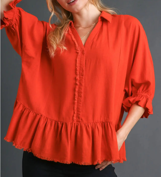 z   Linen Blend Ruffle Top