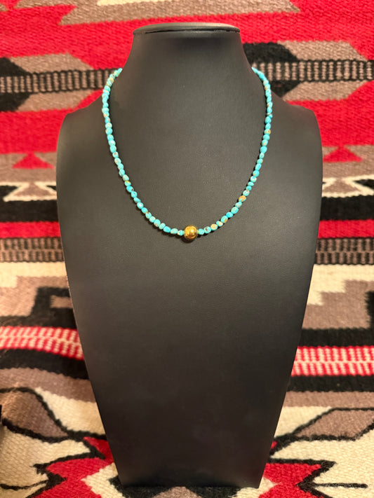 Smooth Turquoise Nuggets & 10mm Navajo Pearl 18k Gold Plated Necklace 16" Long