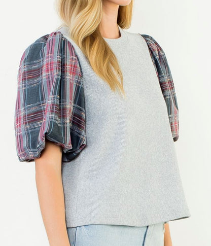z   Plaid Puffed Sleeve Rib Knit Top