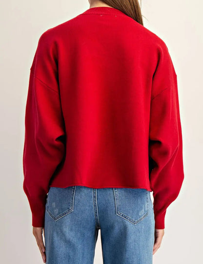 z   Long Sleeve Round Neck Red Sweater