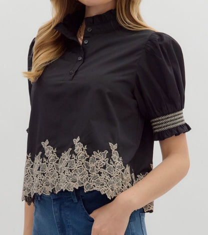 z   Embroidered Puff Sleeve Top