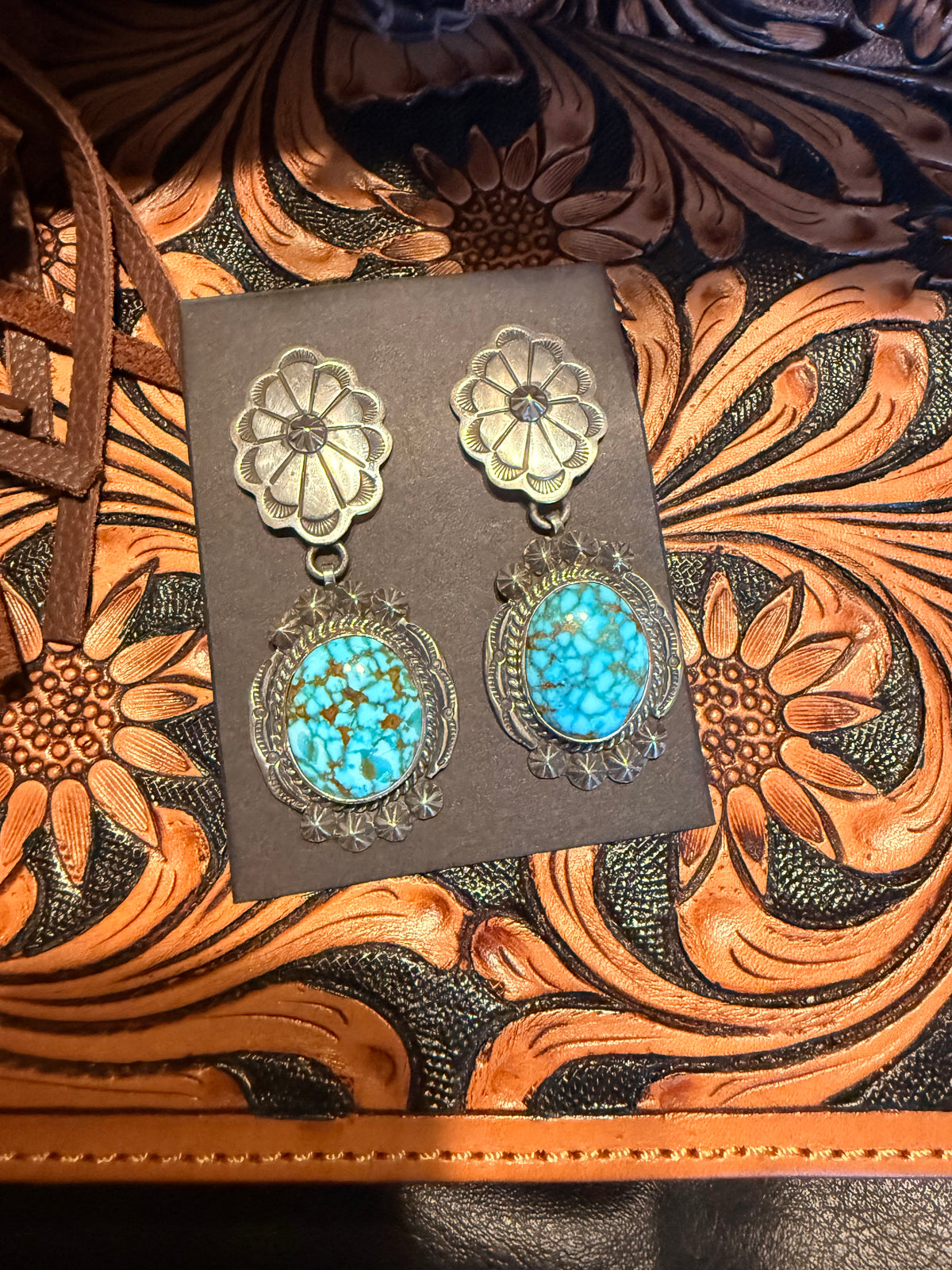 Handmade Sterling Silver and  Sonoran Turquoise Concho Dangle Earrings   By John Nelson