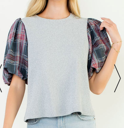 z   Plaid Puffed Sleeve Rib Knit Top