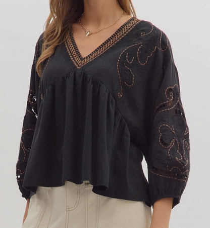 z   3/4 Embroidered Cut Out Sleeves Top