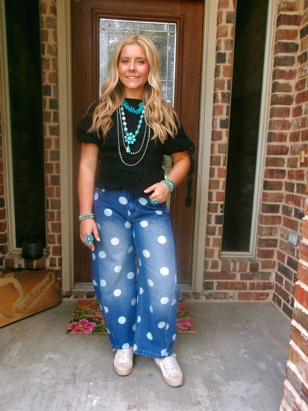 z   Washed Polka Dot Denim Barrel Jeans