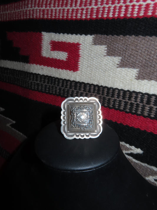 Sterling Silver Stamped Concho Ring By Leander Tahe