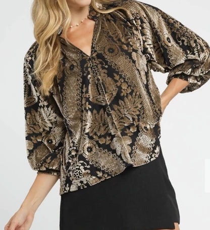 z   Damask Print Velvet Split Neck Top