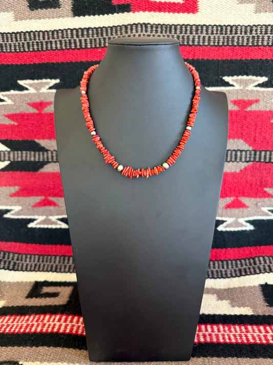 Red Spiny Nugget Necklace with Sterling Silver Navajo Pearls 19" Long