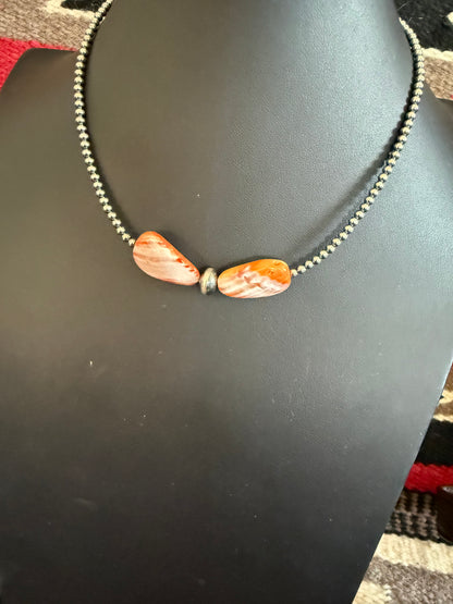14" Spiny Oyster & Sterling Silver Pearl Choker