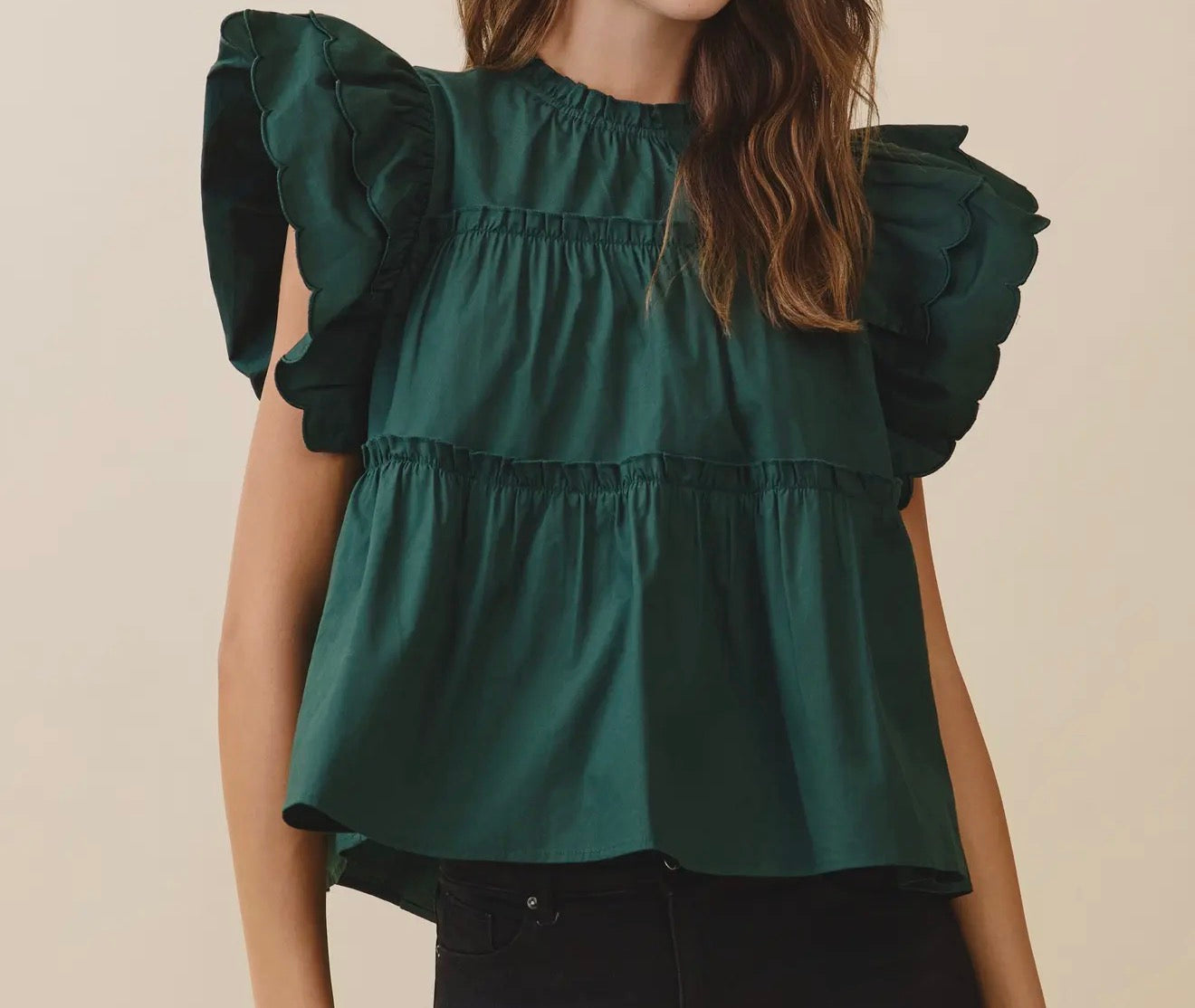 z   Dramatic Ruffle Sleeve Detail Tiered Poplin Top Hunter Green