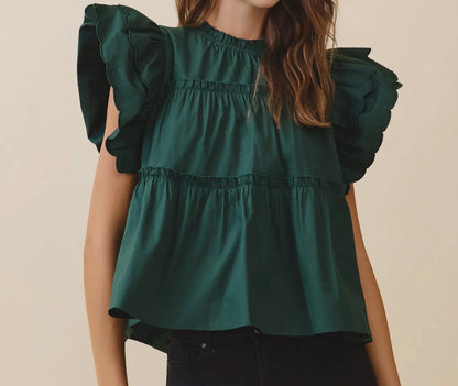 z   Dramatic Ruffle Sleeve Detail Tiered Poplin Top Hunter Green