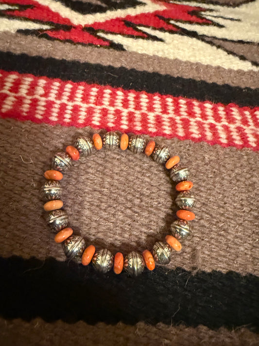 LI  Flower Bead Stretch Bracelet with Orange Apple Coral