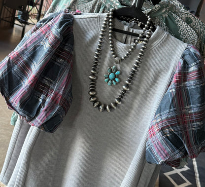 z   Plaid Puffed Sleeve Rib Knit Top