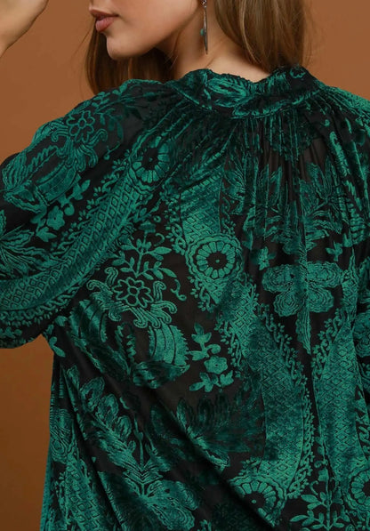 z   Damask Print Velvet Split Top Hunter Green