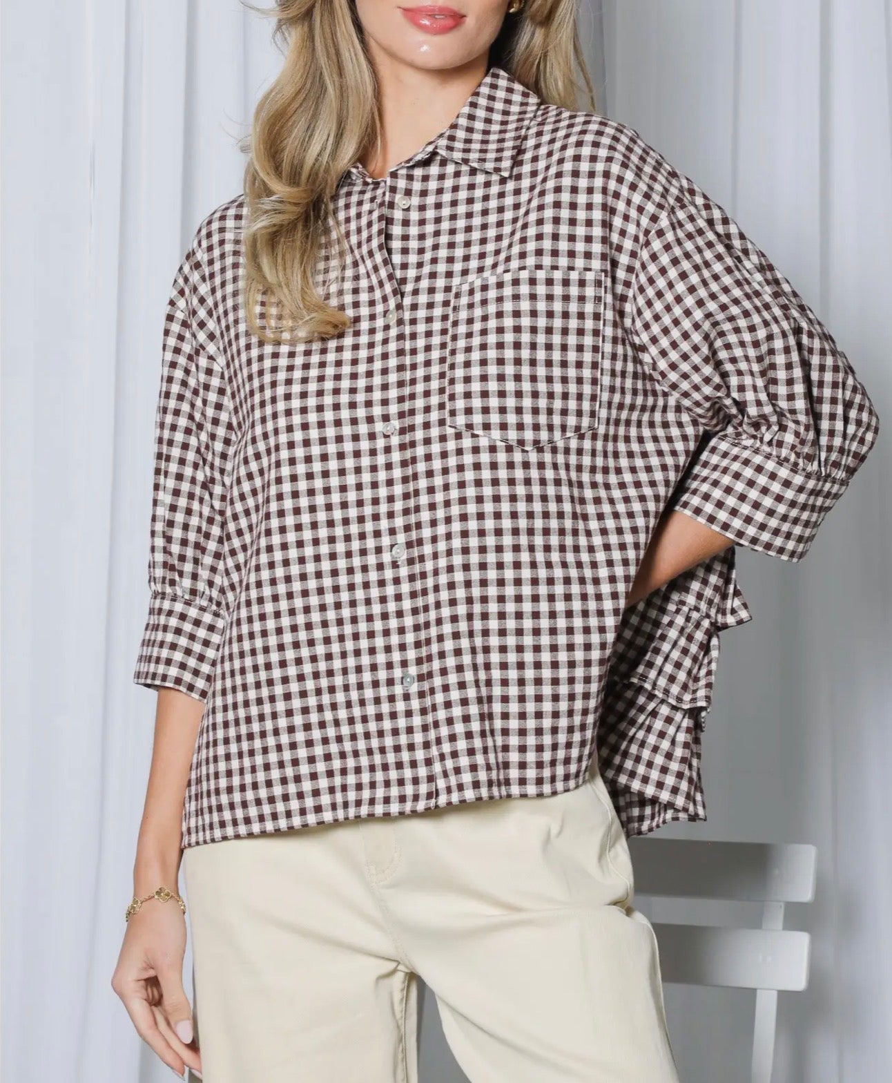 z   Brown Gingham Puff Sleeve Ruffle Top