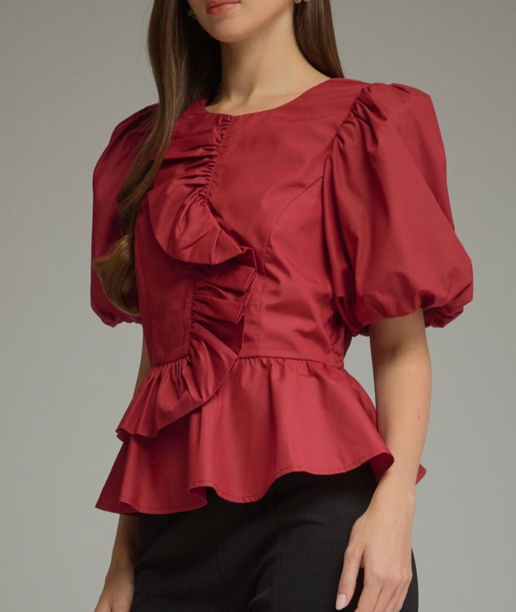 z   Puffed Sleeve Ruffle Top
