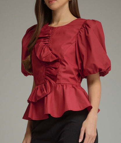 z   Puffed Sleeve Ruffle Top