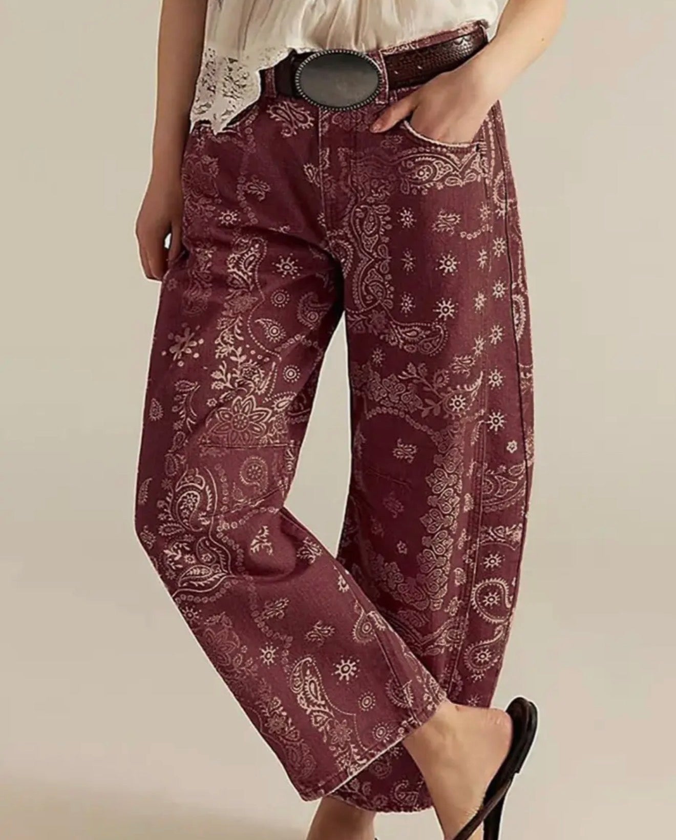 z   Western Vintage Paisley Barrel Jeans