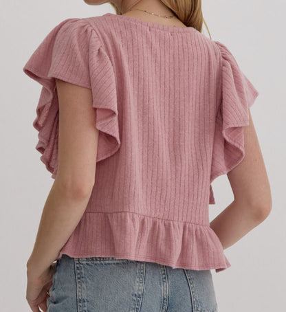 z   Ribbed Knit Ruffle Top Mauve