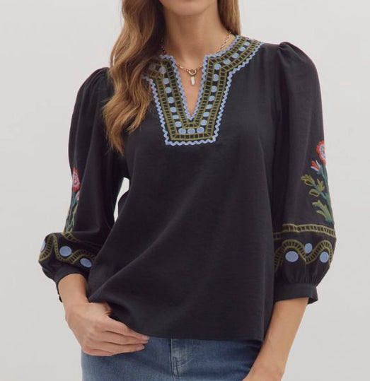 z   Floral Embroidered 3/4 Sleeve Top