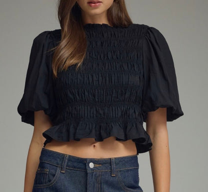 z   Black Smocked Bodice Puffed Sleeve Top