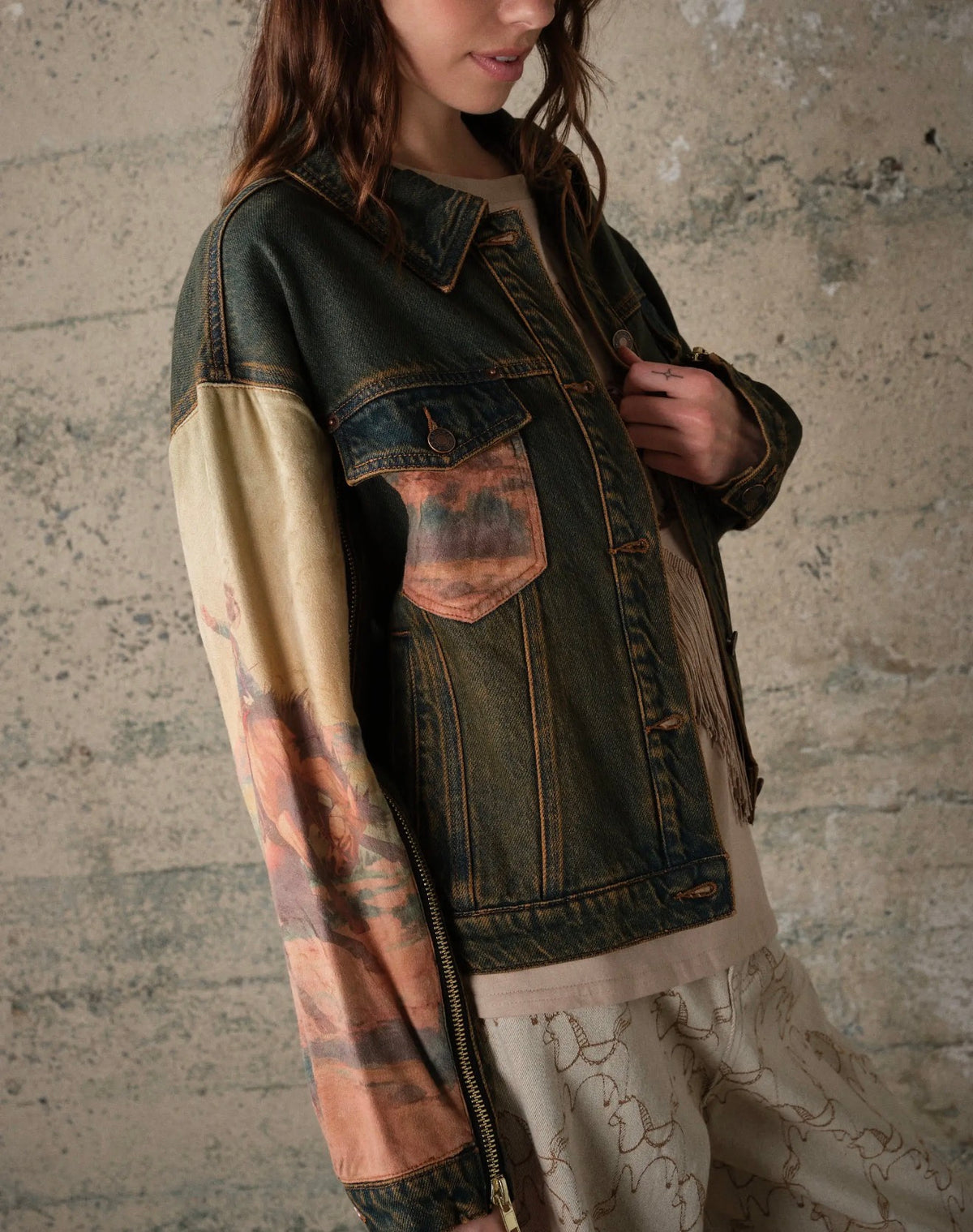 z   Western Print Mix Denim Jacket