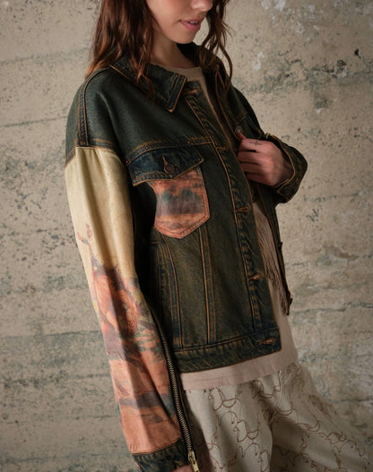 z   Western Print Mix Denim Jacket