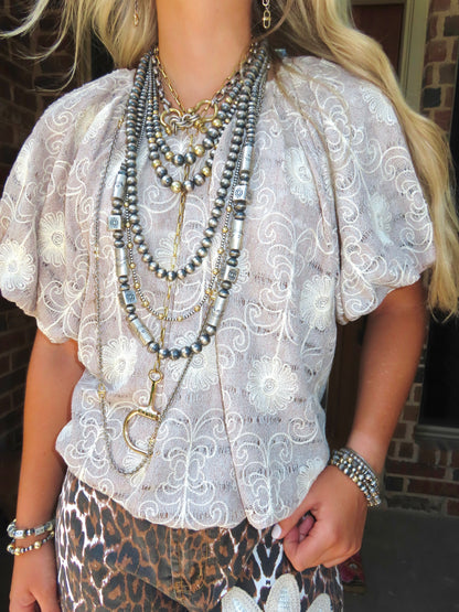 z   Flower Embroidered Bubble Hem Top
