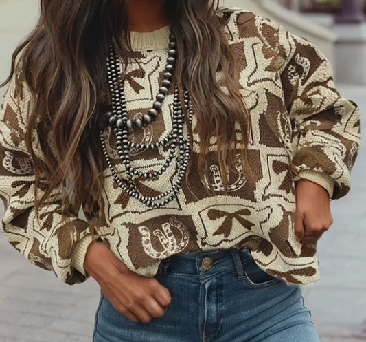 z   Western Fashion Patterned Loose Sweater