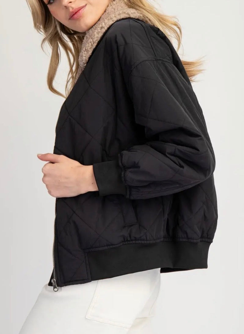 z   Quilted Fur Collar Coat