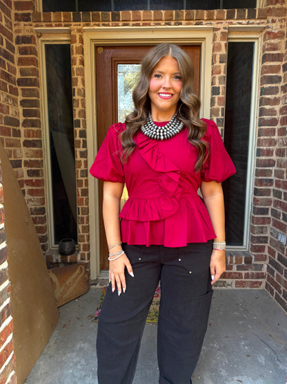 z   Puffed Sleeve Ruffle Top