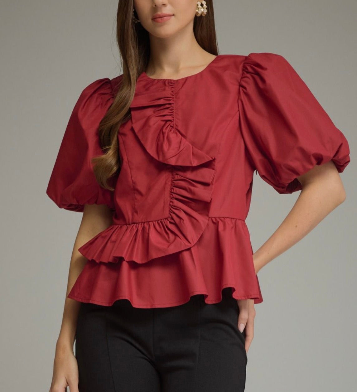z   Puffed Sleeve Ruffle Top