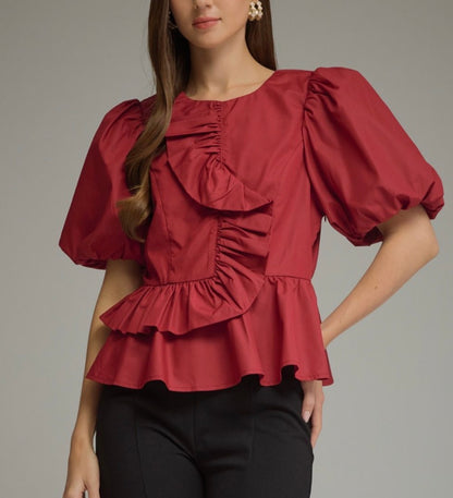 z   Puffed Sleeve Ruffle Top