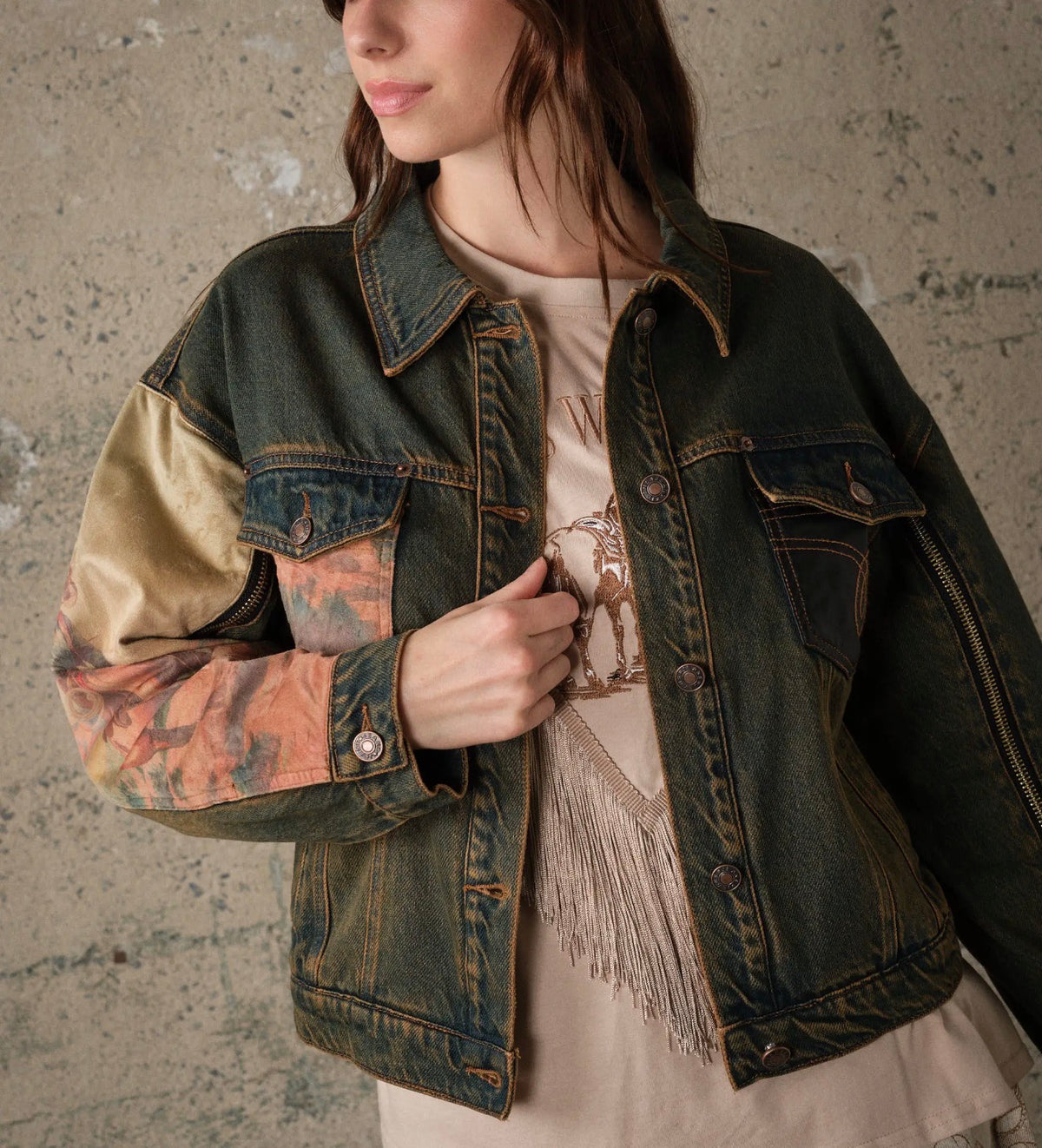 z   Western Print Mix Denim Jacket